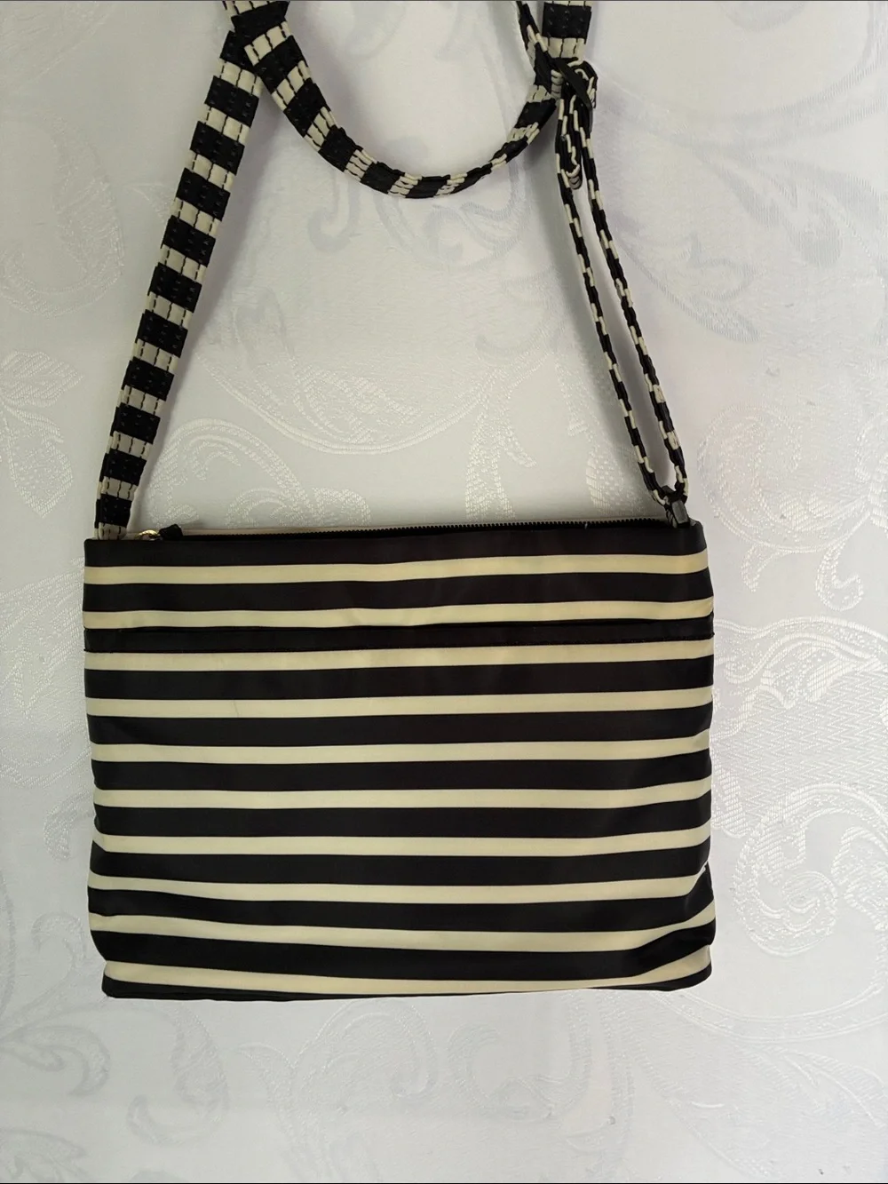 kate spade Black and Cream Striped Shoulder Bag with Spade Logo